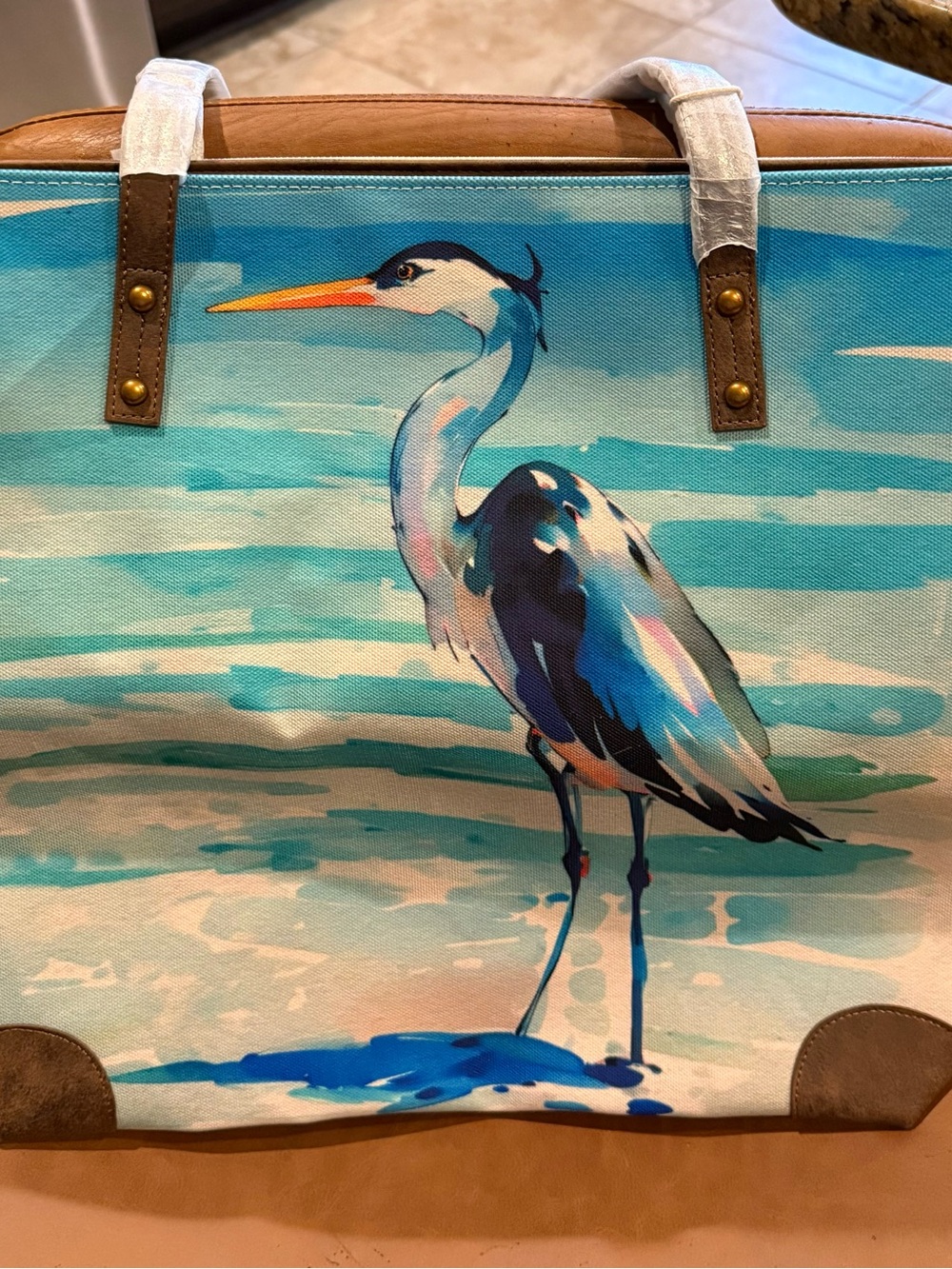 Canvas Blue Heron Watercolor Print Tote Bag Large Beach Coastal Zipper NWT Nice!